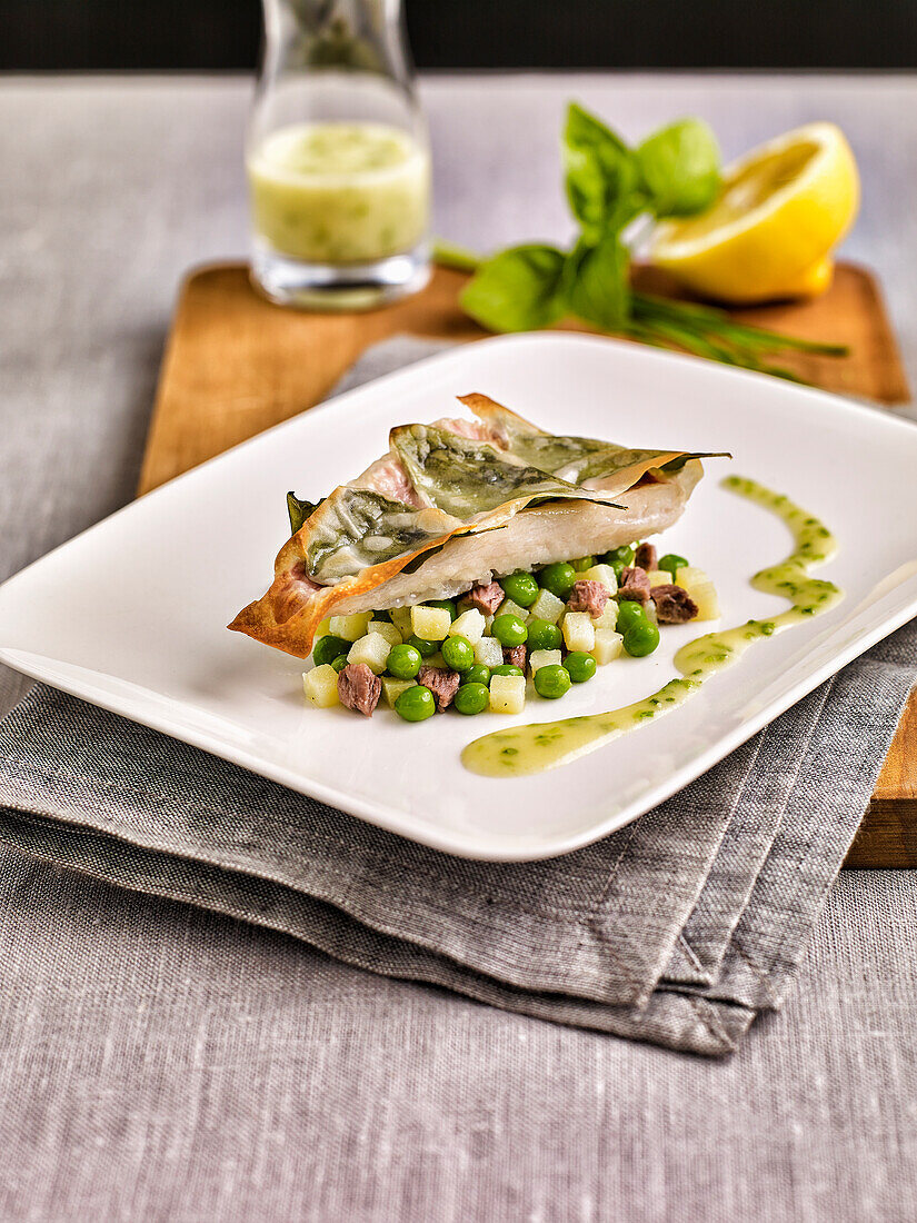 Red mullet with filo pastry crust on vegetables