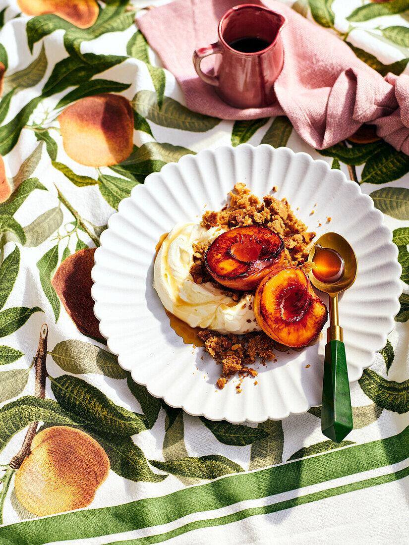 Roasted rum peaches with olive oil fregolotta