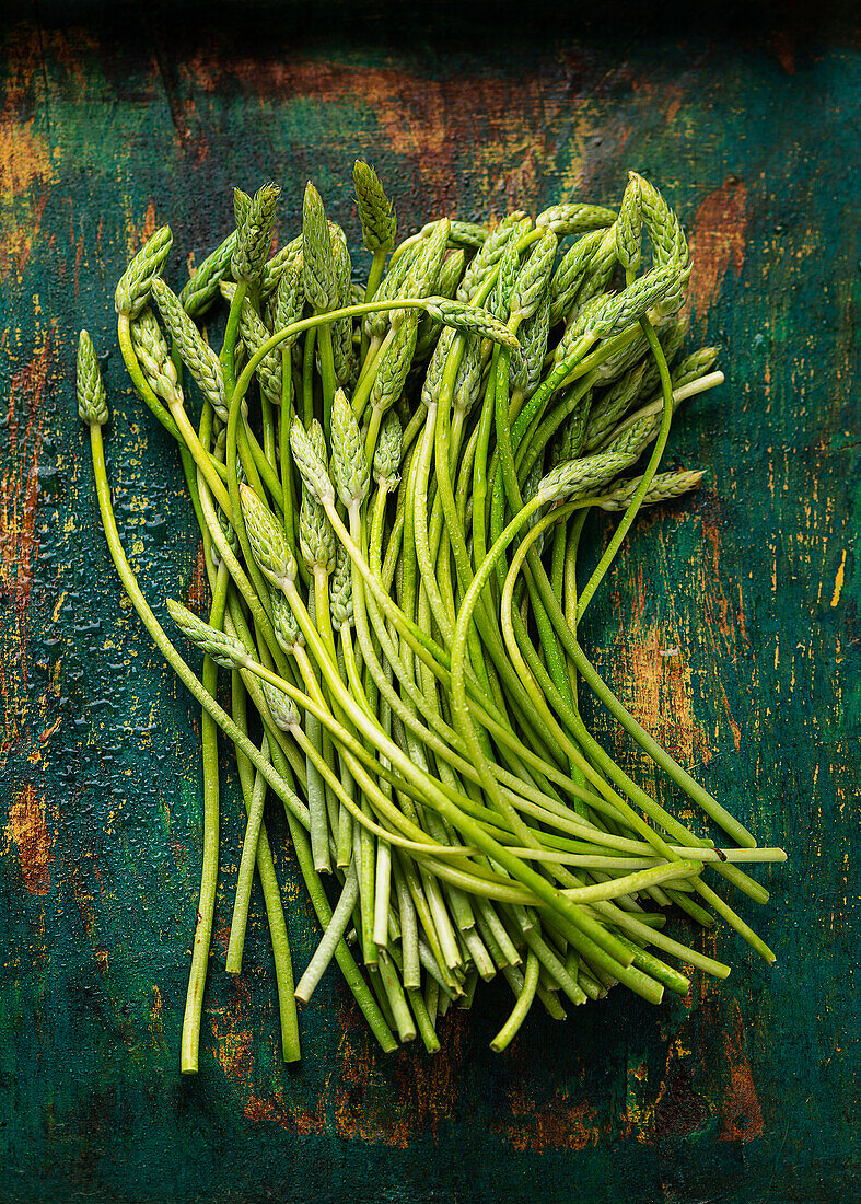 Wild asparagus on a rustic base