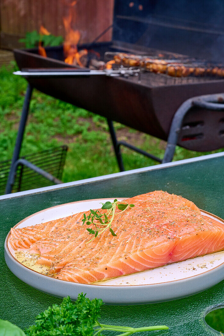 Marinated salmon fillets for grilling