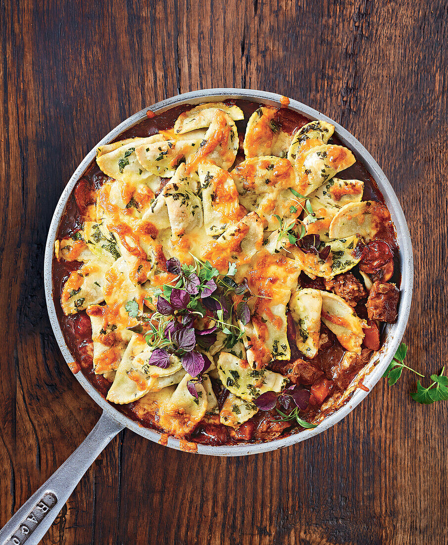 Boeuf Stroganoff mit Ravioli überbacken