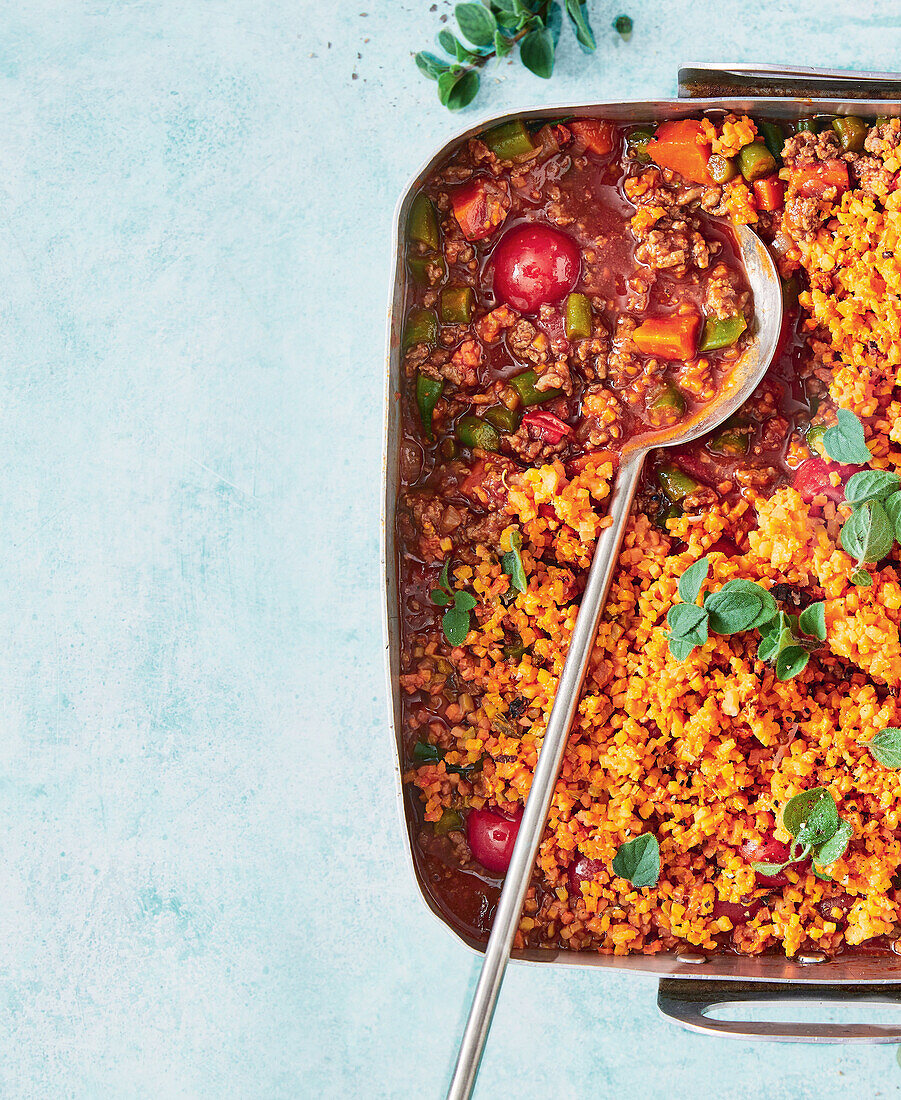 Sweet potato and mince casserole with tomatoes and vegetables