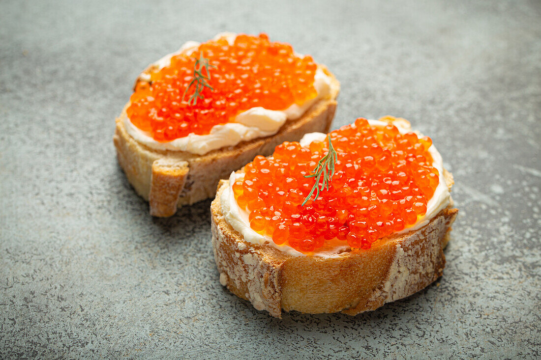 Crostini with butter and salmon caviar