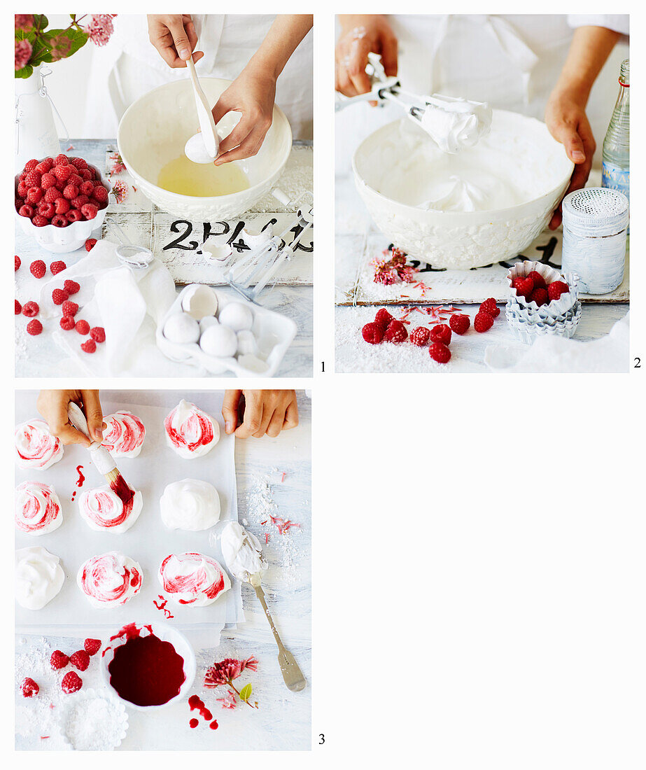 Prepare raspberry and rosewater meringues