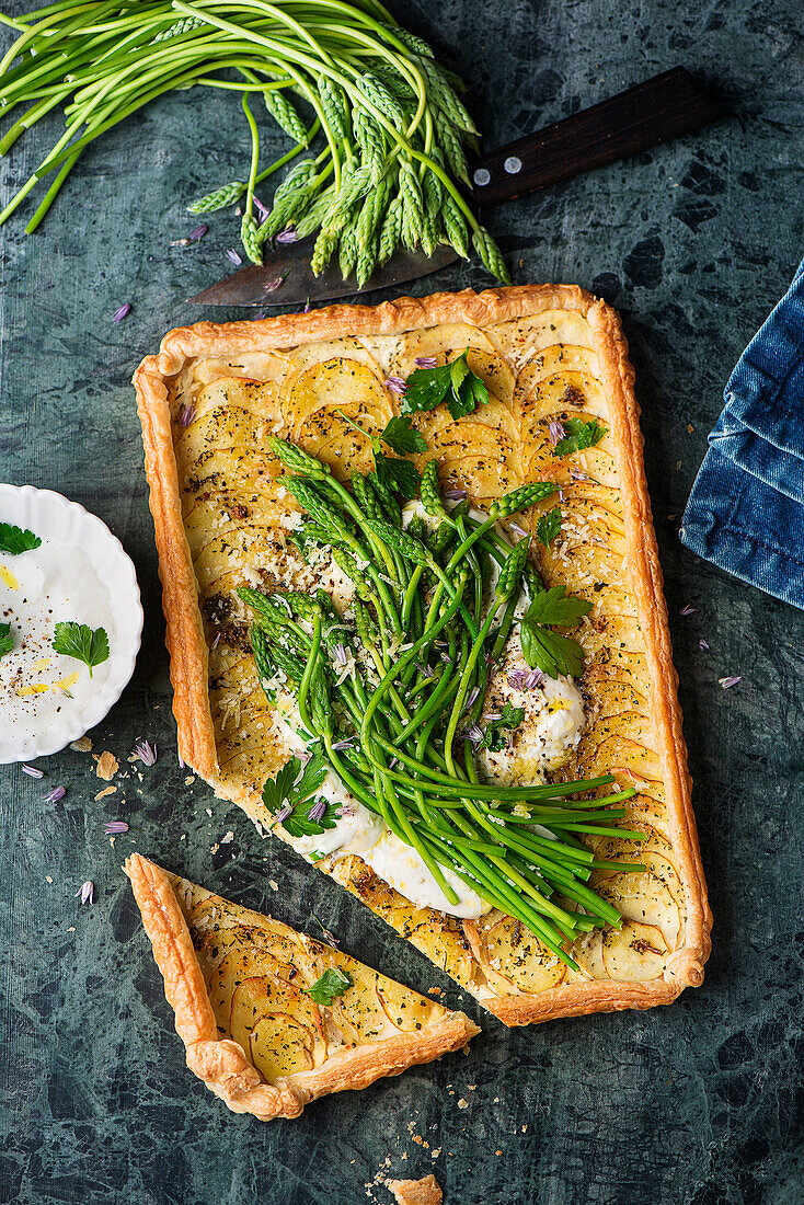 Potato puff pastry tart with wild asparagus