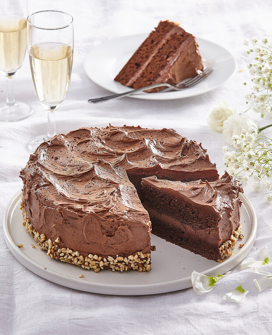 Chocolate cream cake with chocolate almonds