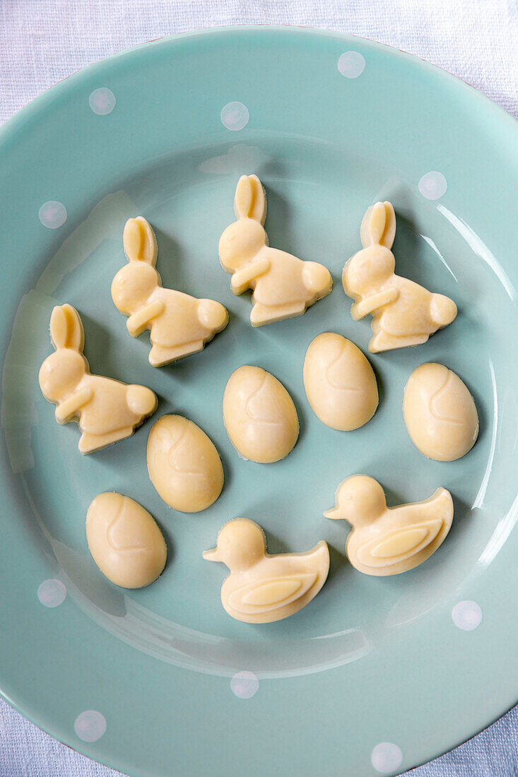 White chocolate rabbits, ducks and eggs