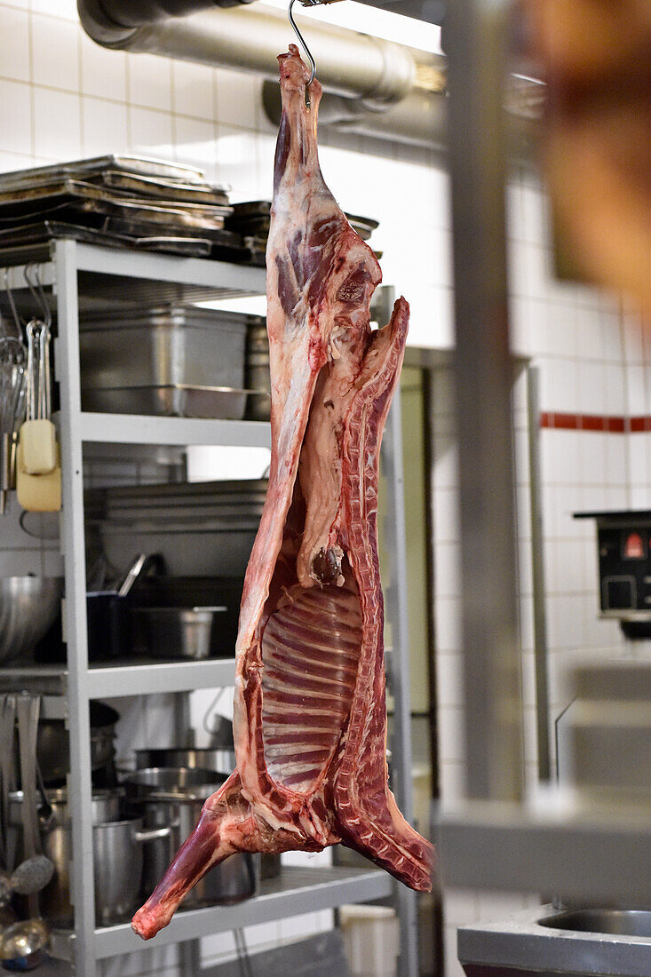 Half of a lamb hanging on the chopping block, large kitchen