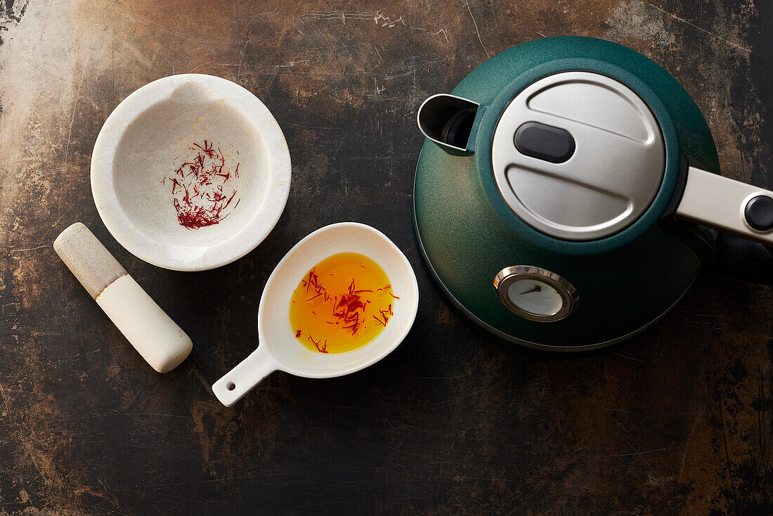 Preparing saffron for Persian dishes