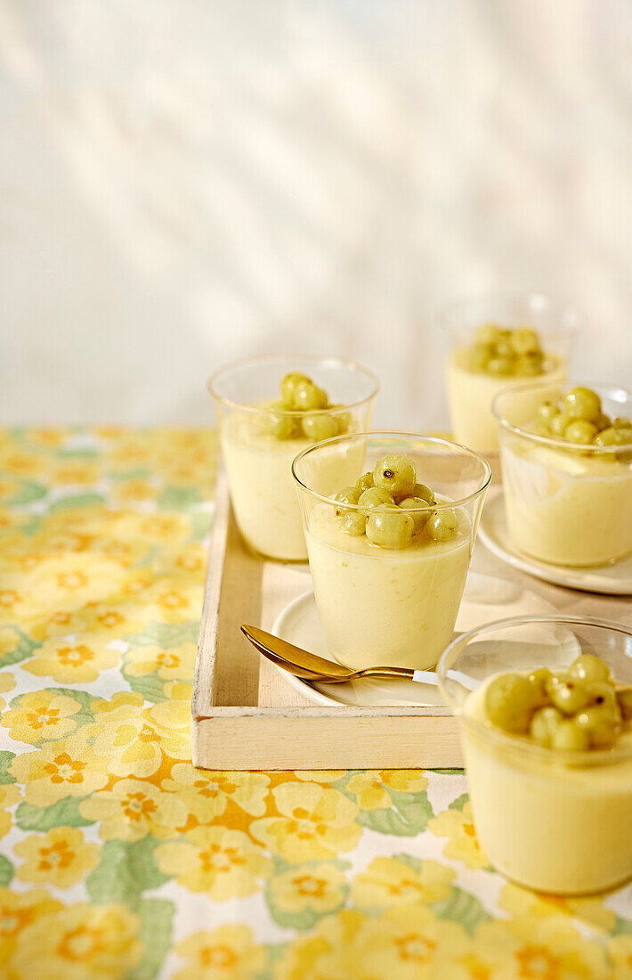 Elderflower posset with gooseberries