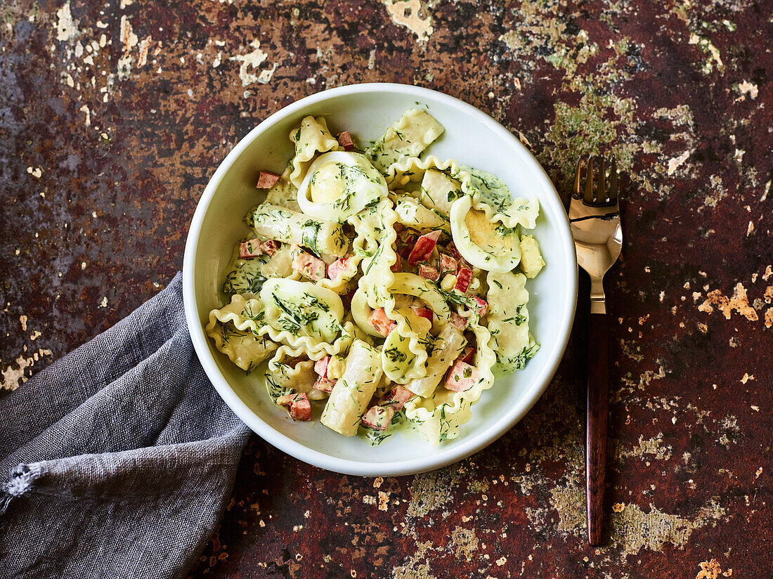 Pasta salad with eggs and bacon