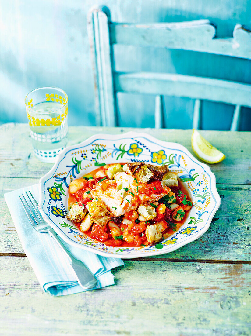 Mediterraner Fischeintopf mit Tomaten und Croûtons