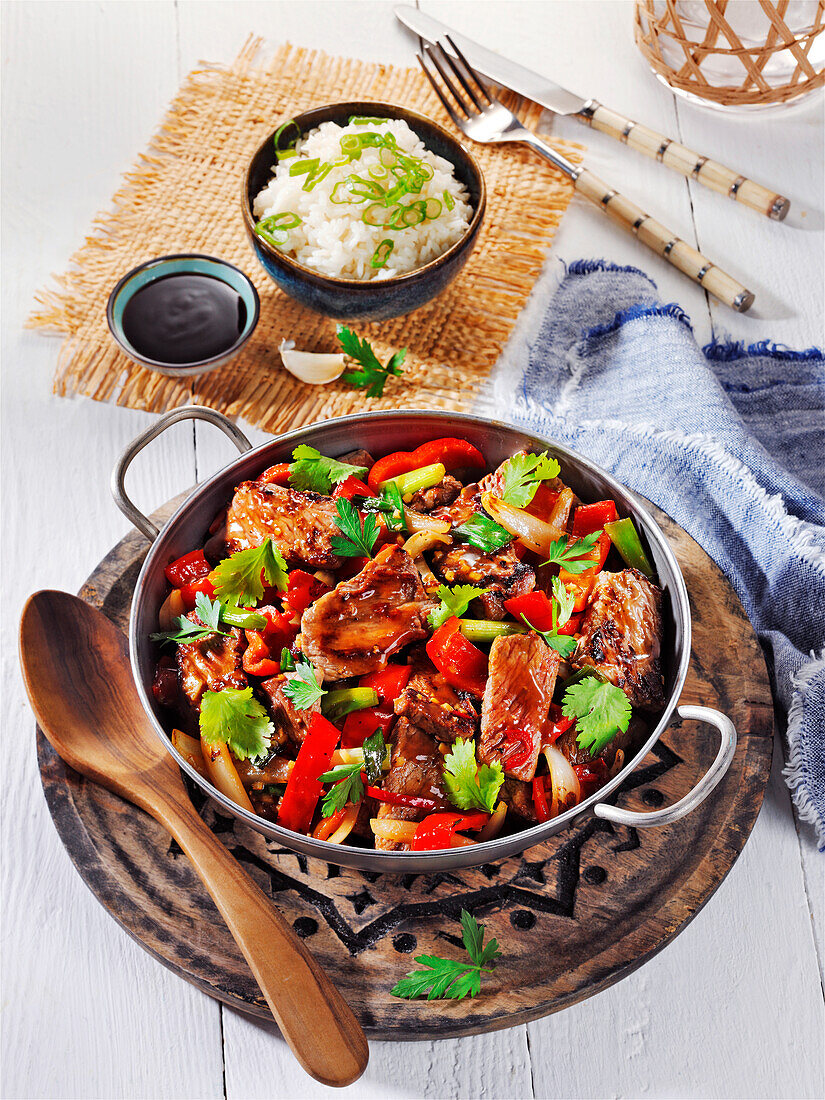  Wok pan with beef, light food, hearty dishes with meat 