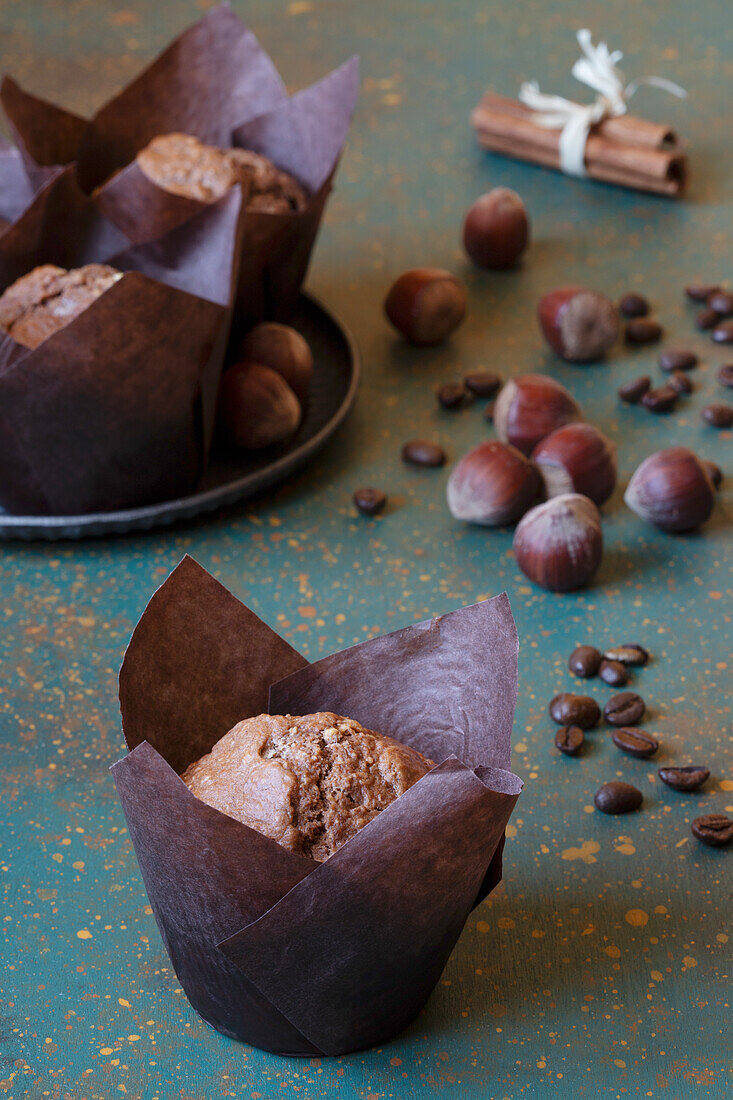 Coffee muffins with hazelnuts and white chocolate