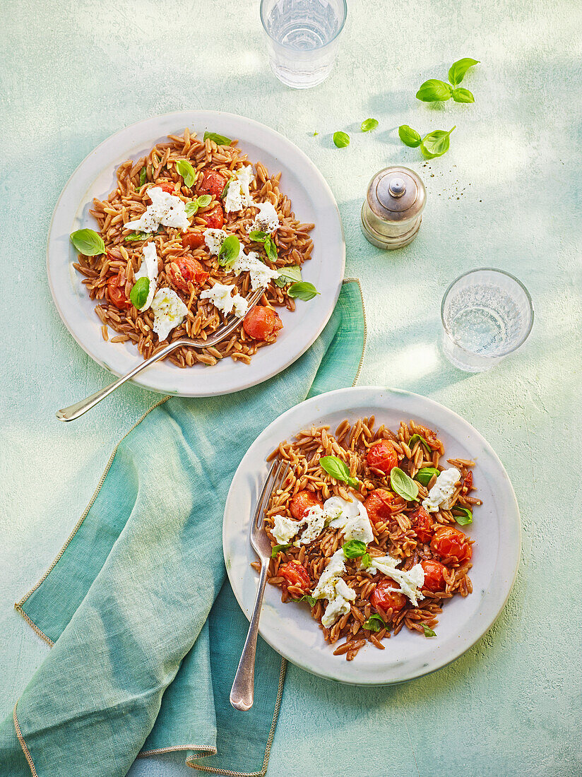 Gerösteter Orzo mit Burrata, Kirschtomaten und Basilikum