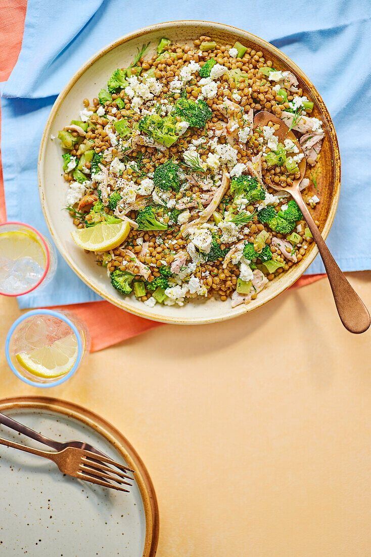 Lentil salad with lemon chicken and feta