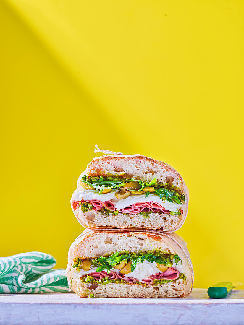 Ciabatta with mortadella, burrata and pistachio pesto