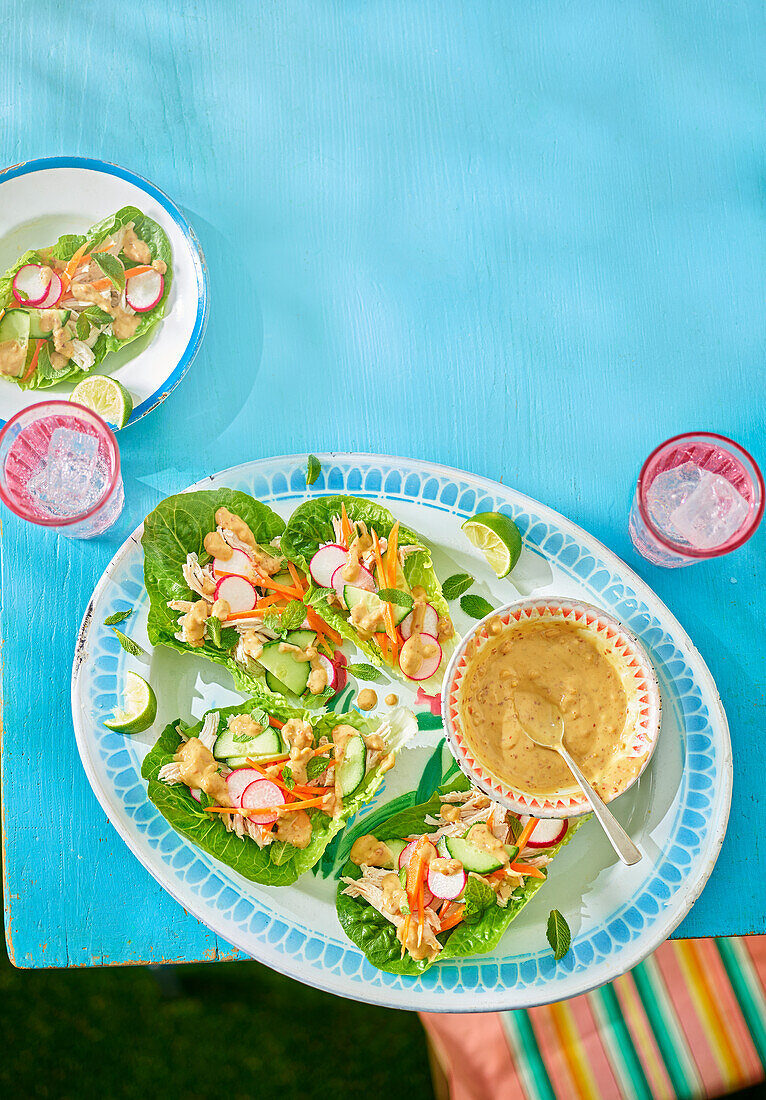 Salat-Wraps mit Gemüse und Satay-Dip