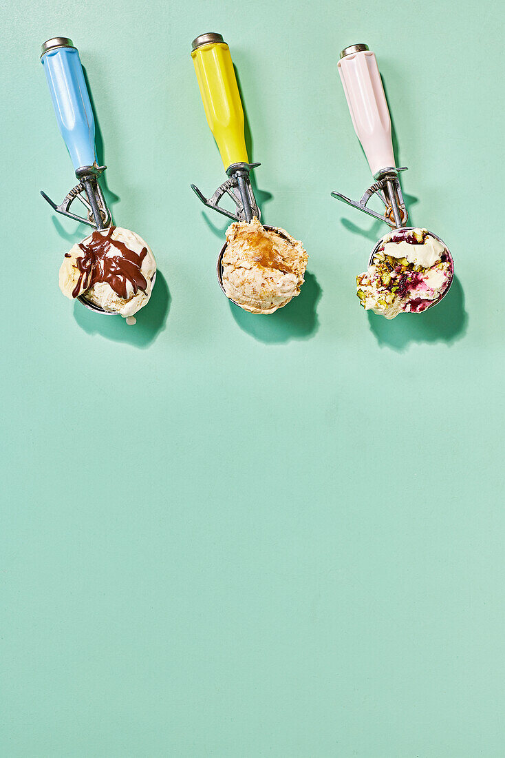 Three flavours of homemade ice cream: cookies & cream, banana-chocolate tahini, cherry-pistachio