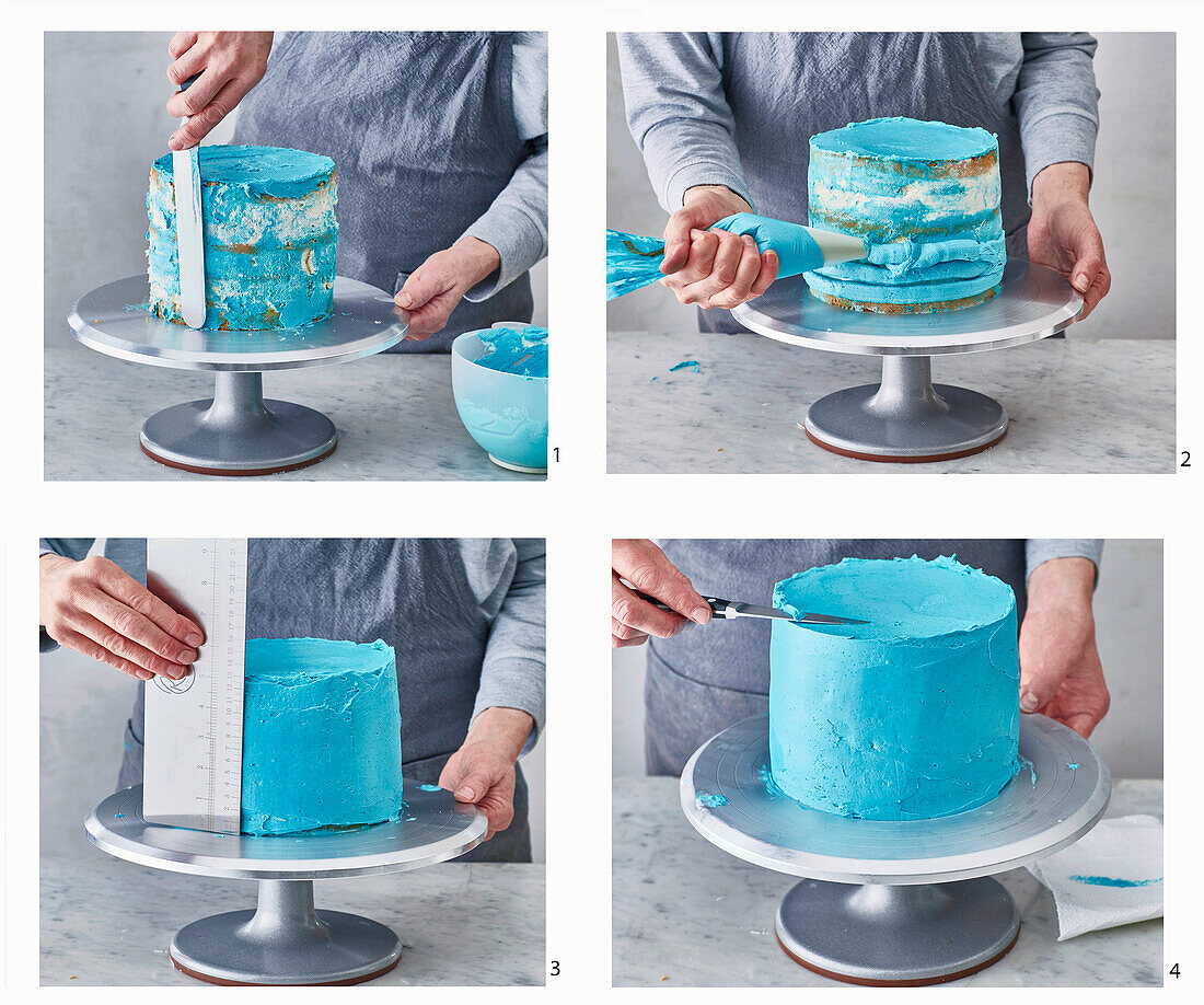 Prepare a mango and passion fruit drip cake with blue buttercream