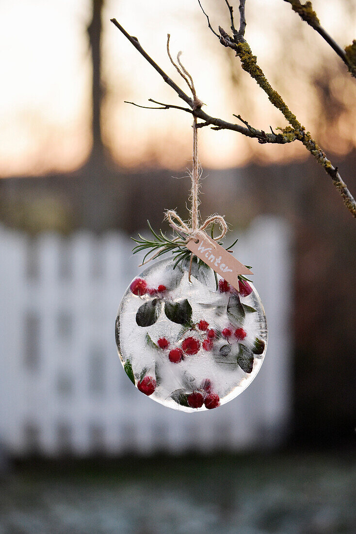 Frozen mock berries in a crystal ball as a winter garden decoration