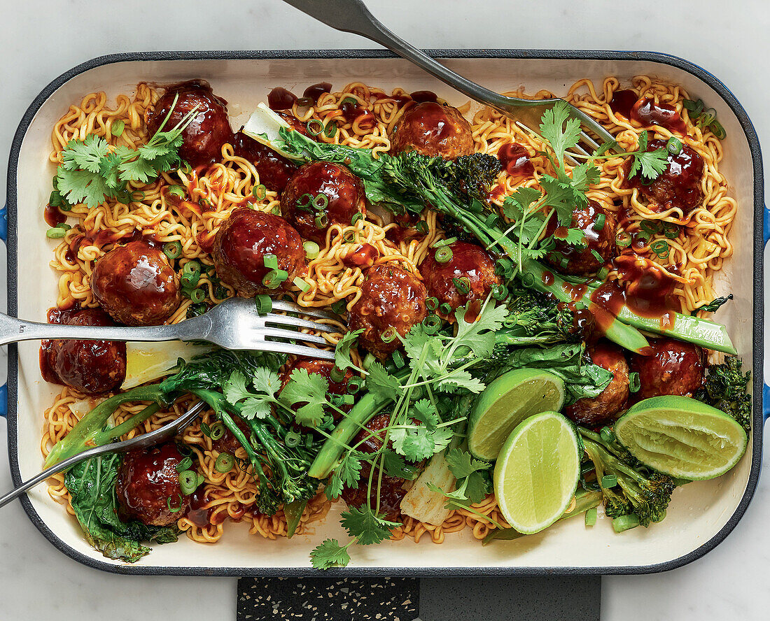 Sheet casserole with hoisin meatballs and Asian noodles