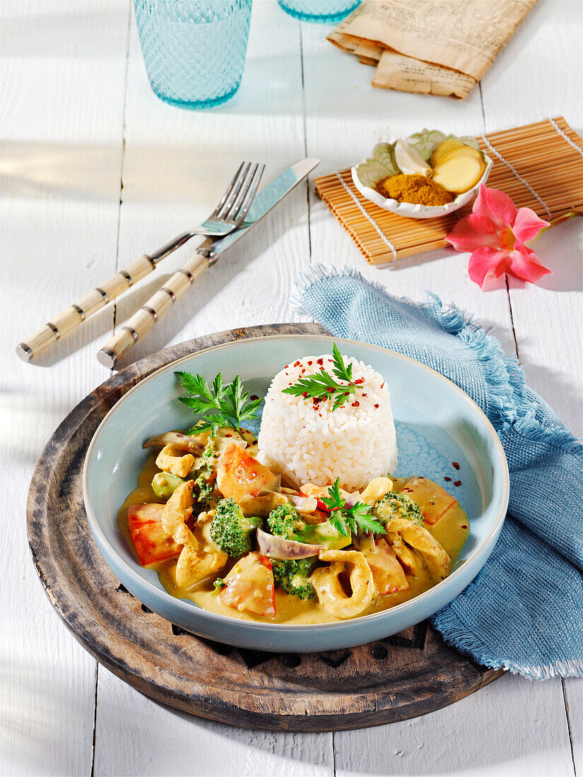 Hähnchen-Gemüse-Curry mit Reis