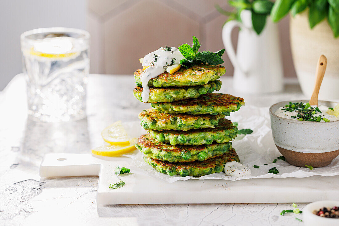 Roast peas with herb dip