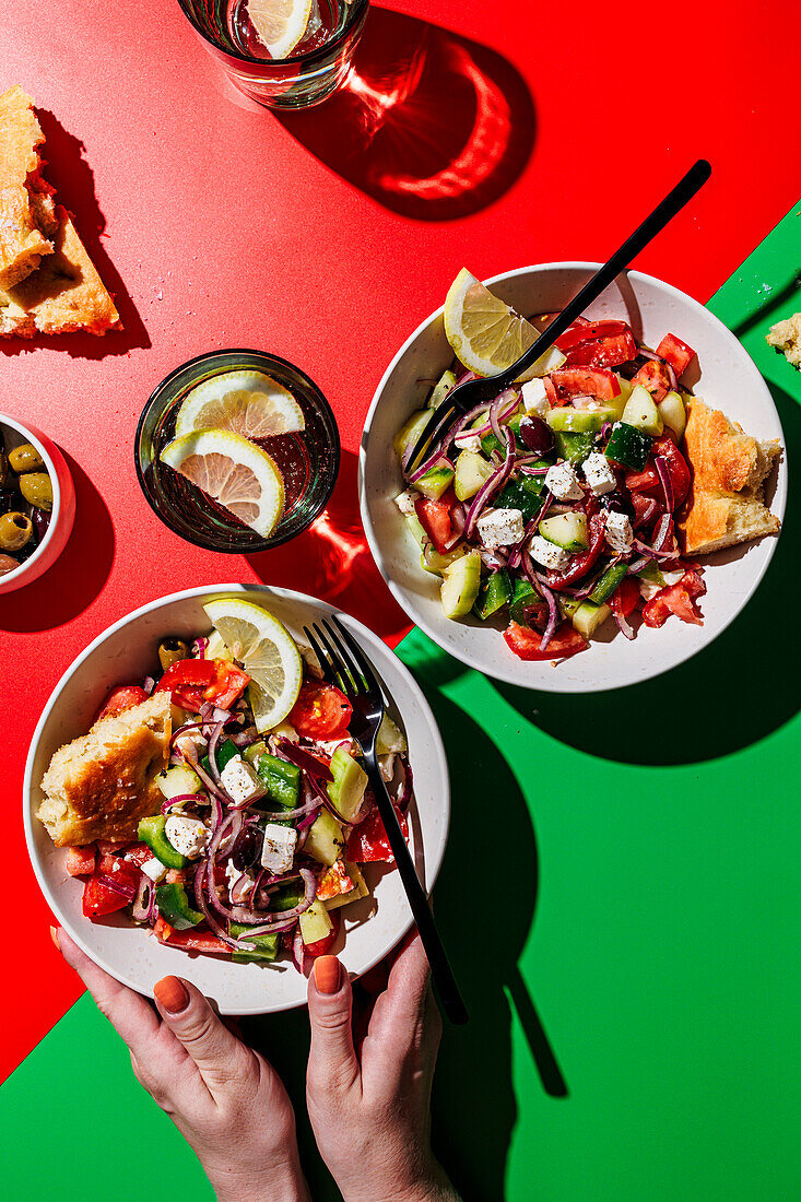 Greek salad with feta, olives and flatbread