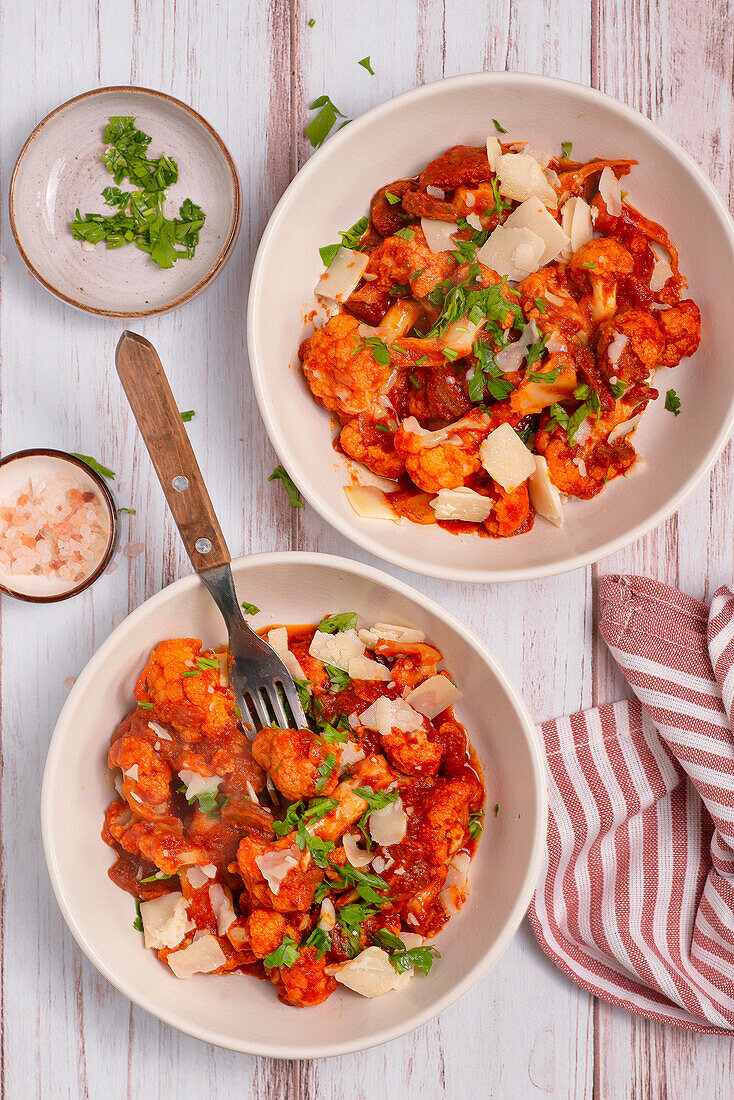 Cauliflower with chorizo and parmesan