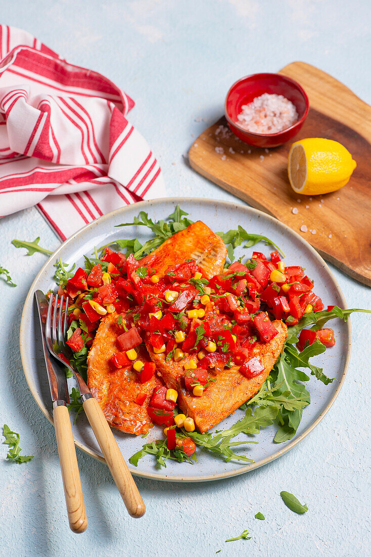 Roasted salmon on rocket with tomato and corn salsa