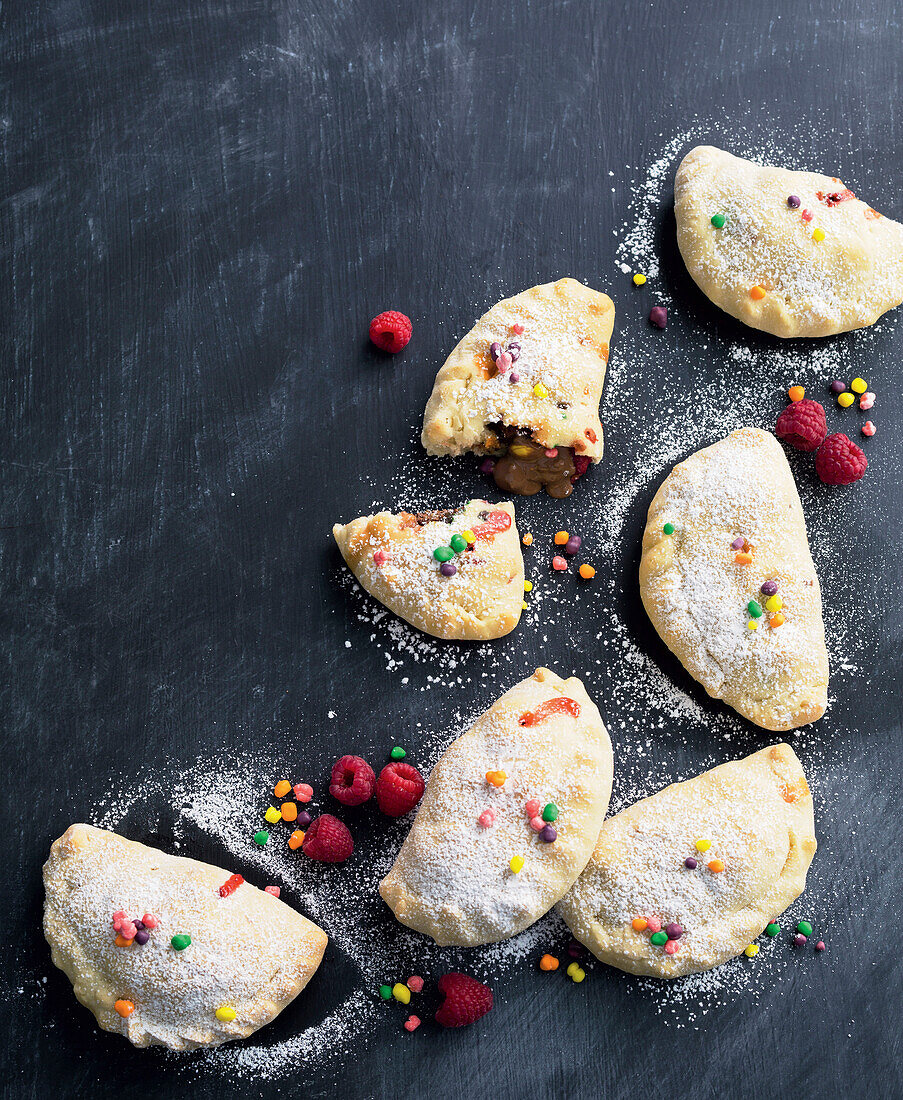 Biscuit calzone with raspberry and chocolate filling