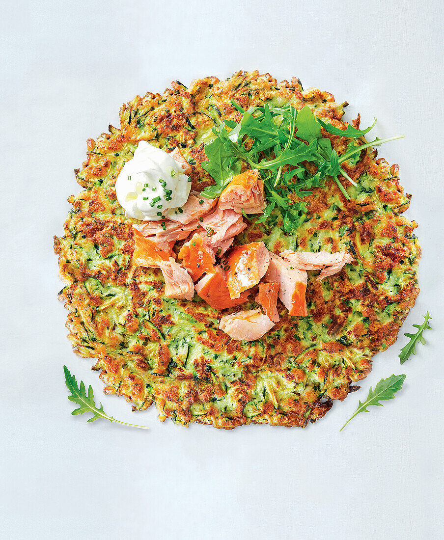 Giant haloumi courgette pancakes with smoked salmon