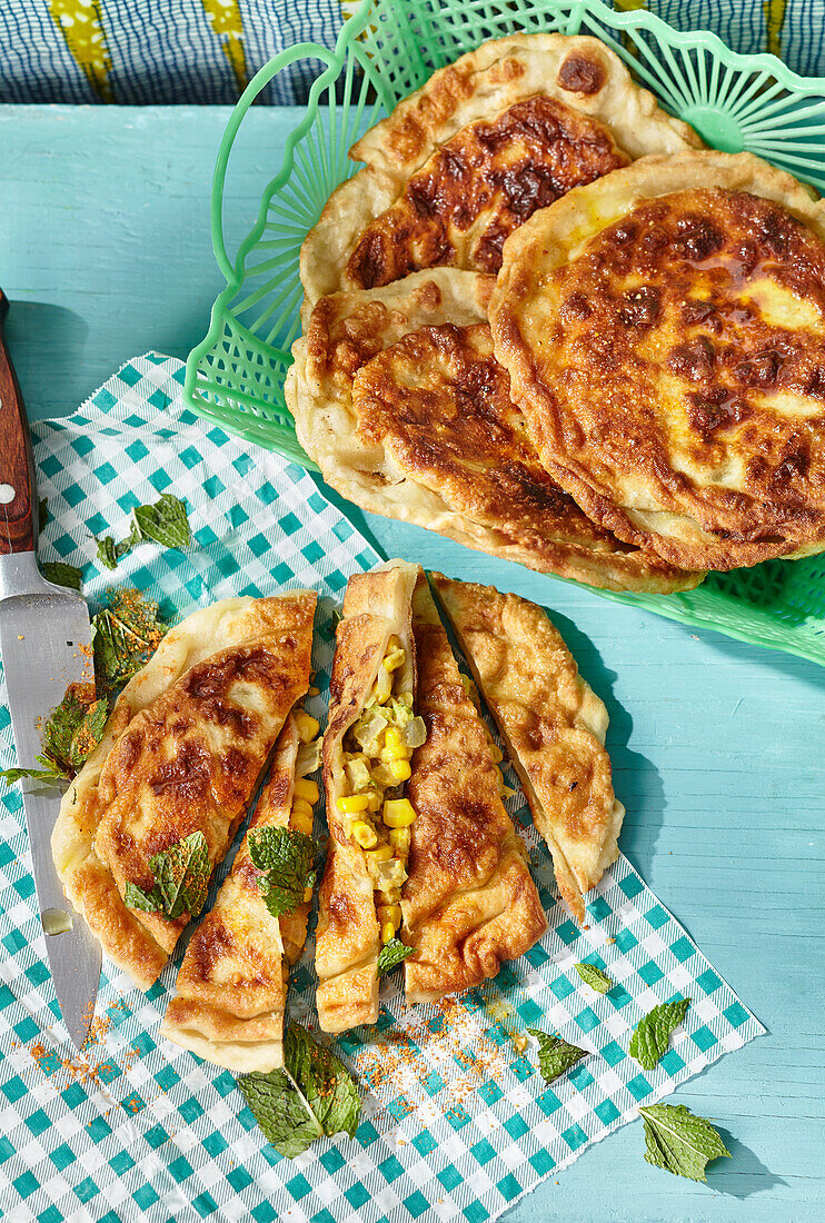 Veggie roti filled with chickpea and corn curry