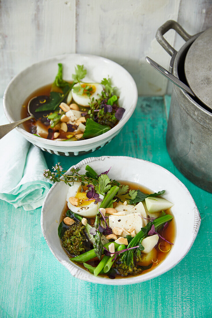 Pho with spring vegetables and silken tofu