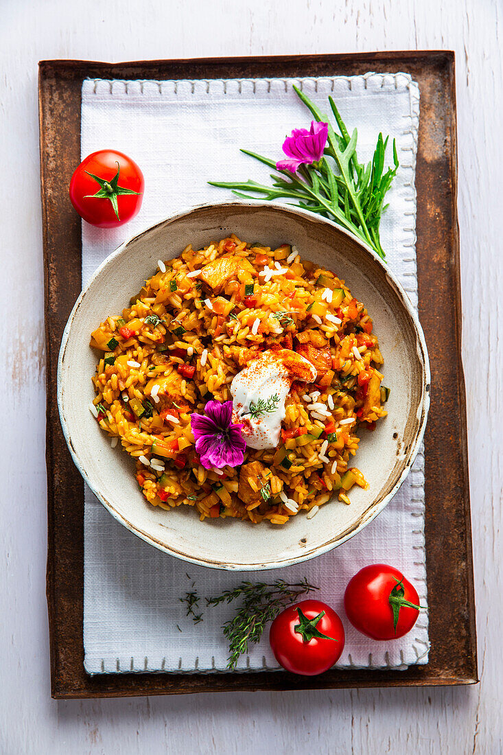 Rice meat with vegetables and herbs