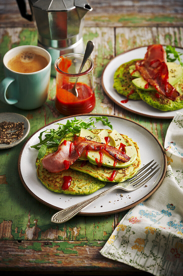 Hearty spinach pancakes with bacon and avocado