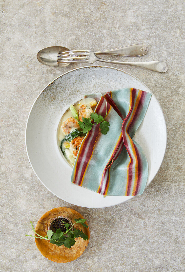 Bunte Handkerchief-Pasta in Geflügelbällchen-Sauce