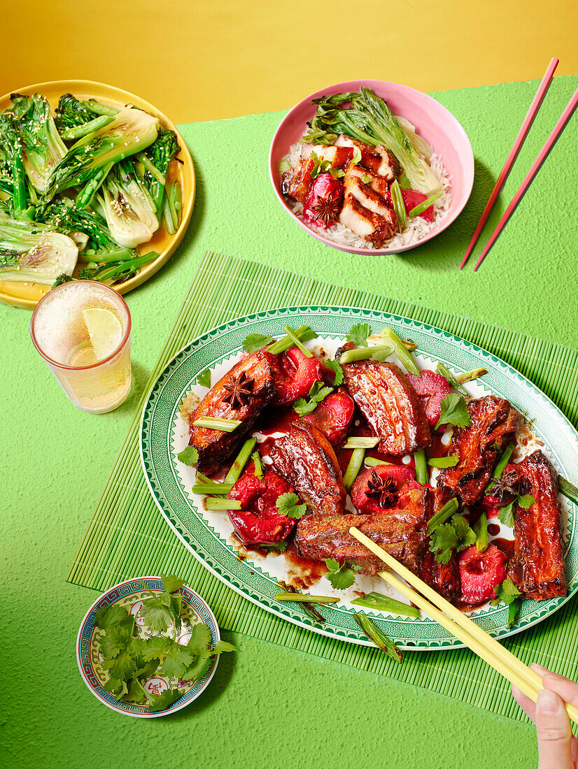 Sticky five-spice pork belly with ginger and plums