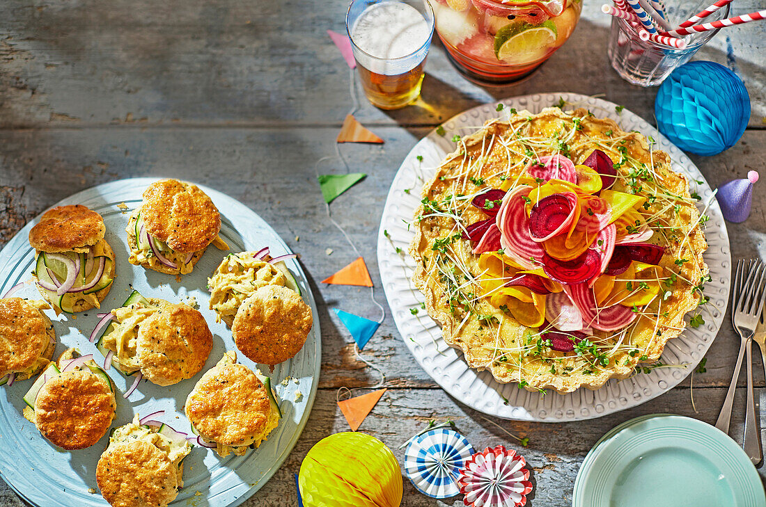 Scones with coronation chicken, mixed vegetable quiche