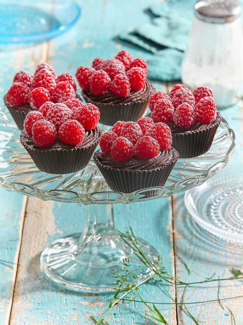 Chocolate mini tartelettes with fresh raspberries