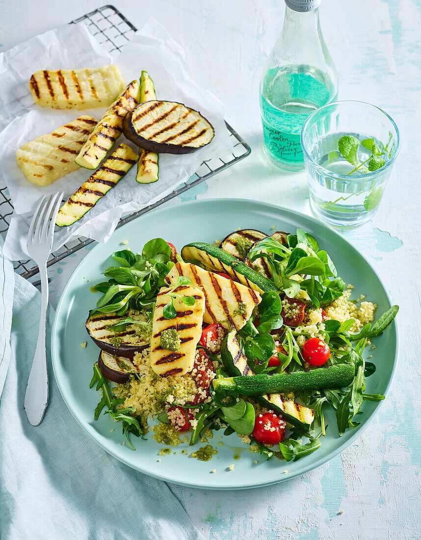 Couscous salad with grilled halloumi and vegetables