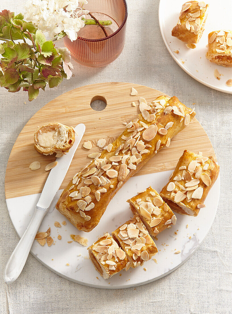 Puff pastry almond rolls with apricot jam