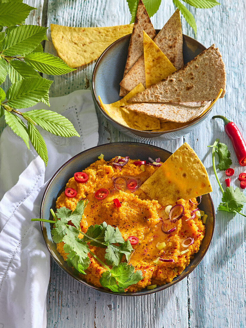 Carrot hummus with coriander and chilli