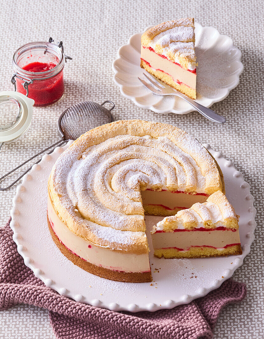 Cardinal slice cake with cranberry jam