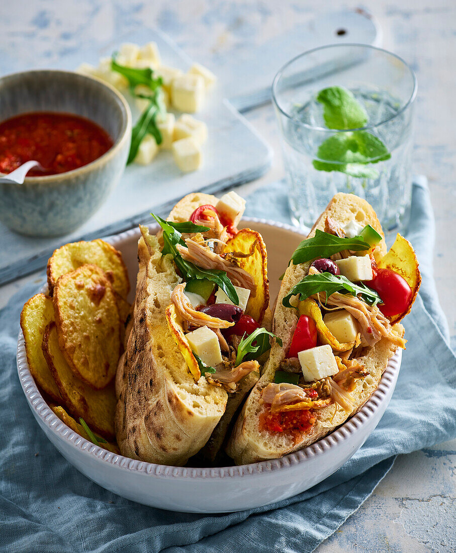 Griechisches Hühnchen-Sandwiches mit Feta und Oliven