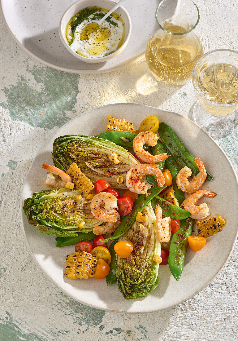 Grilled romaine lettuce with prawns and vegetables