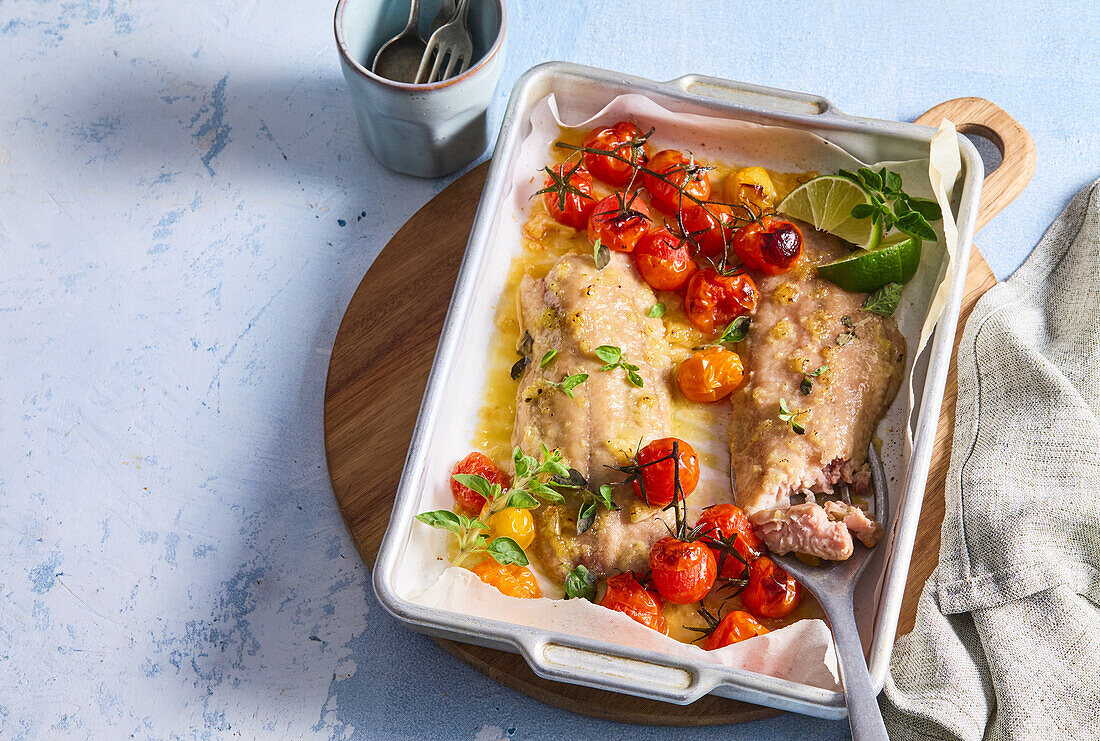 Fisch mit Honig und Kirschtomaten aus dem Ofen