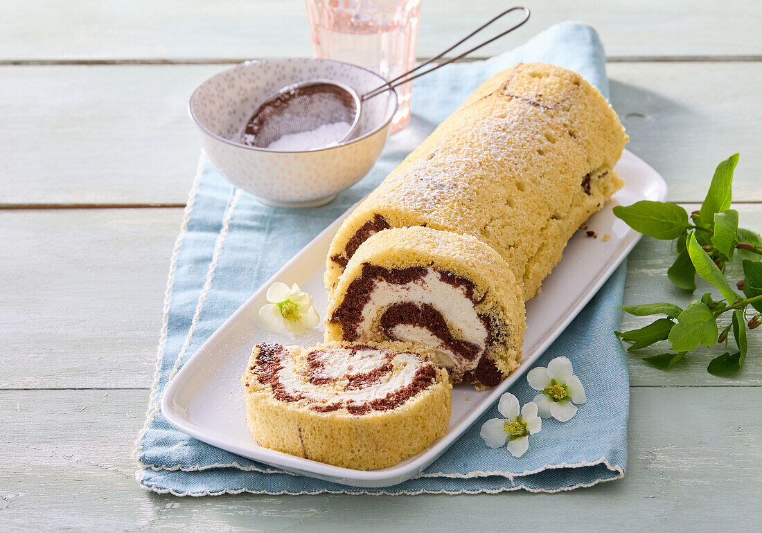 Sponge roll with vanilla and chocolate filling