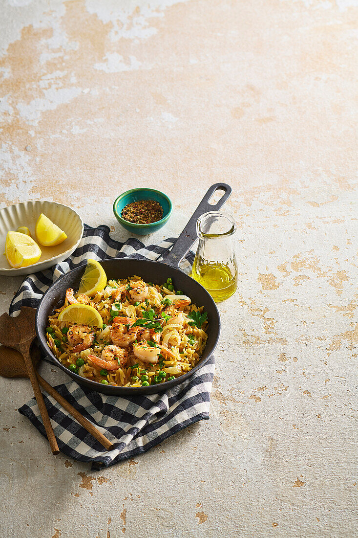 Garlic and parmesan orzo with prawns